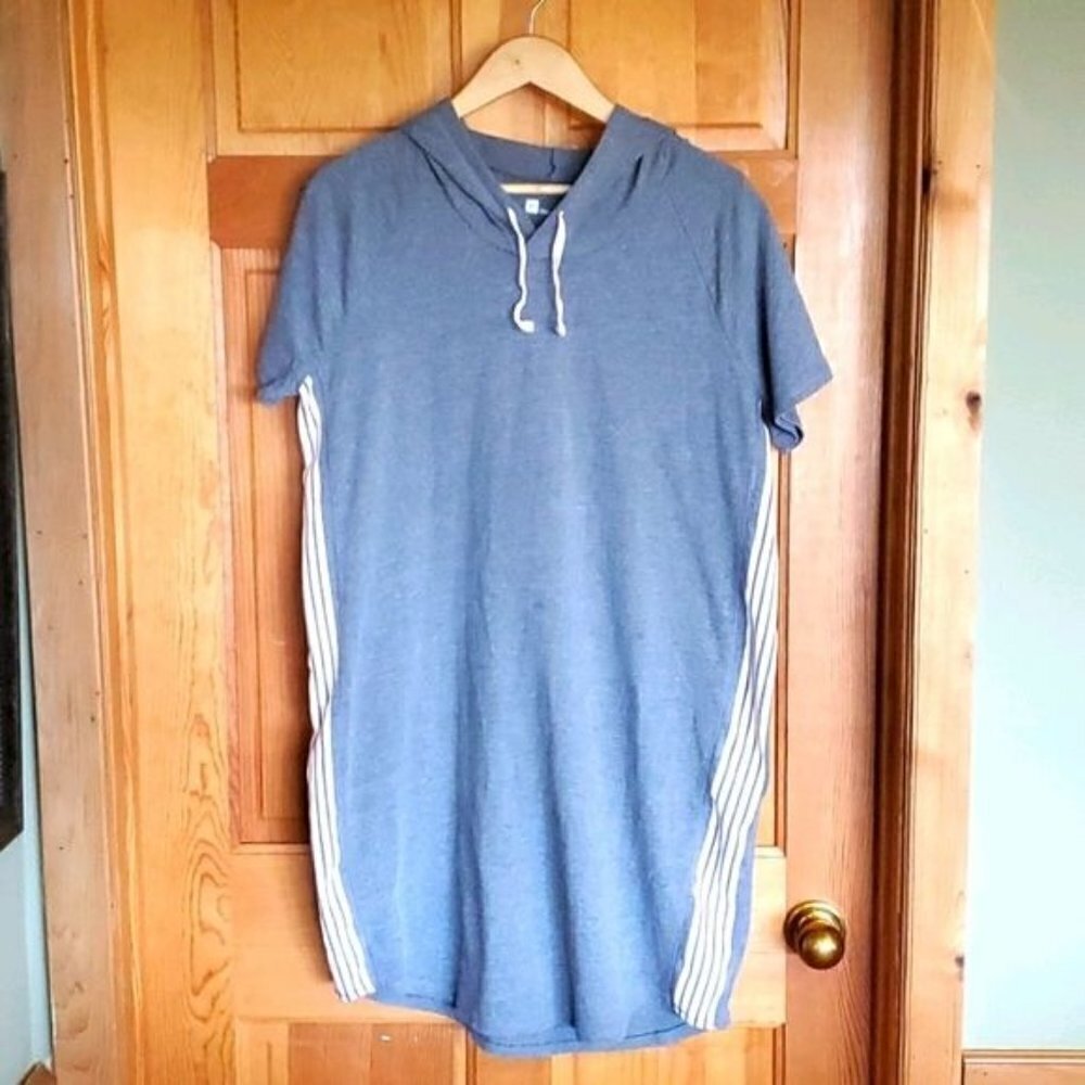 Xersion Womens XL Gray Blue Hooded T-Shirt Dress Short Sleeve Side Stripe Sporty